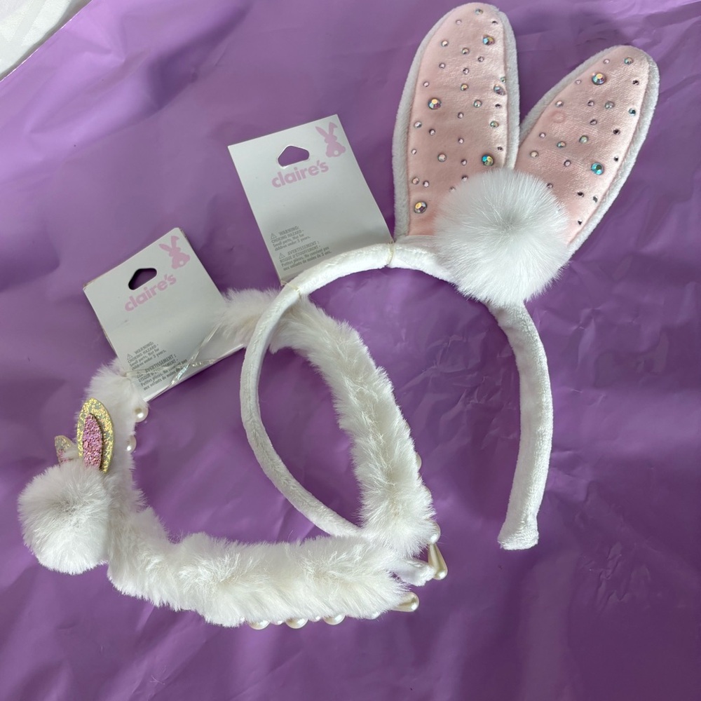 2 Easter bunny headband sets NWT plush pearls ears Claire’s brand
